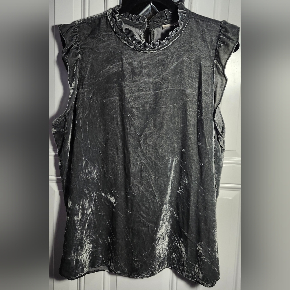 Loft Gray Velvet Sleeveless Top with Ruffle Details Women's Size XL